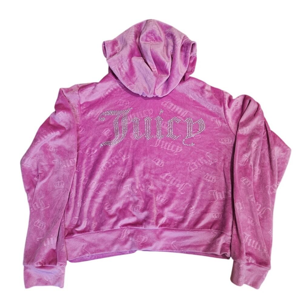 Y2k Glam Pink Velour Juicy Couture Hooded Sweatshirt Size Small Rhinestone
